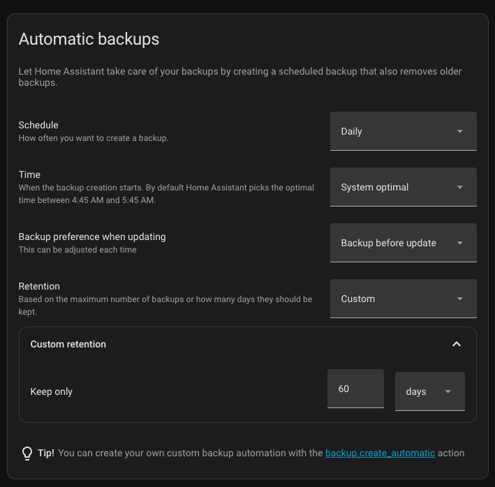 Home Assistant backup settings showing daily automatic backup schedule with 60-day retention