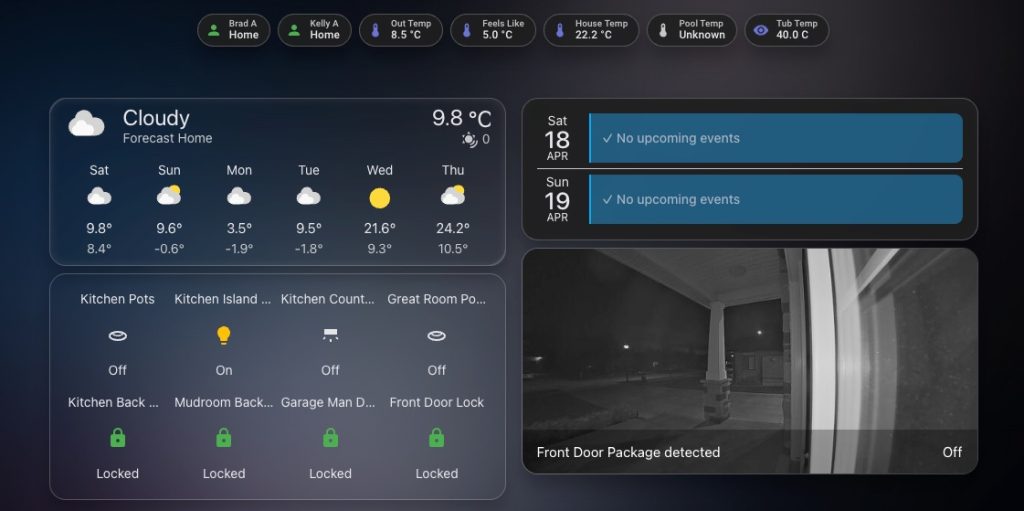 Home Assistant Lovelave dashboard with frosted glass theme and smart package detection