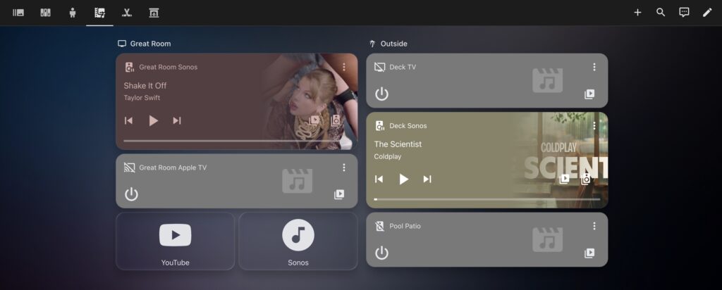 Home Assistant Dashboard Media Player Controls including Sonos, Chromecast, Apple TV, and YouTube