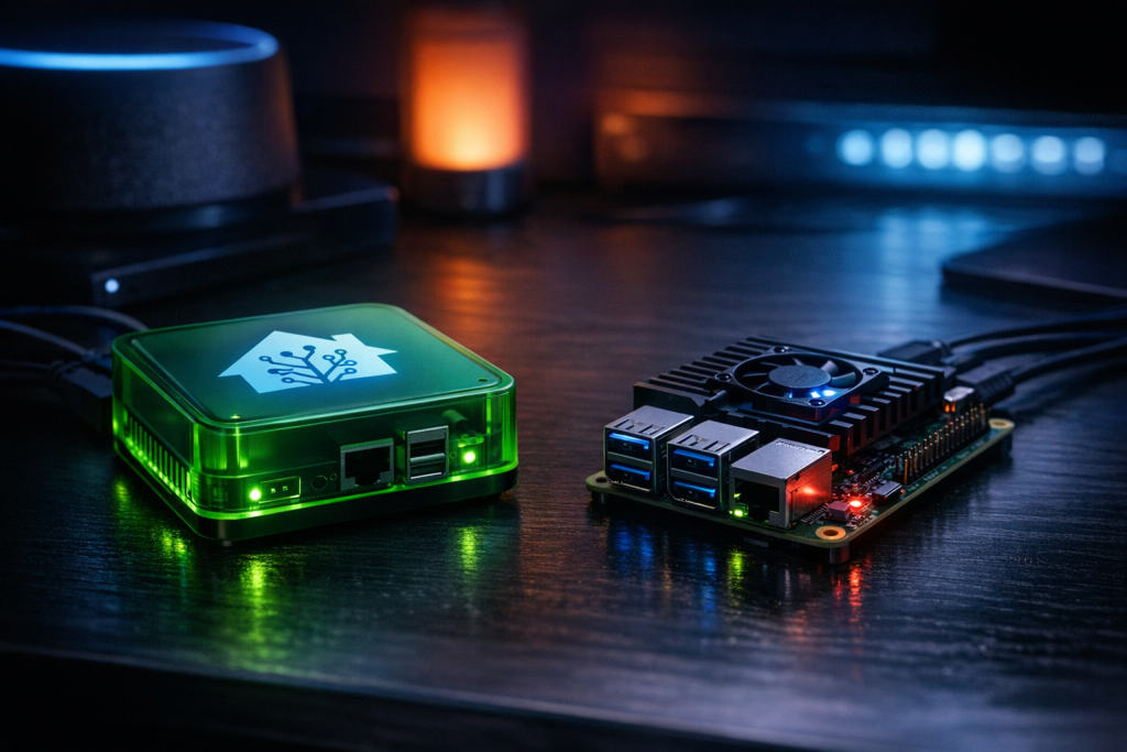 Home Assistant green and a Raspberry Pi being setup on a desk in the late hours of the night