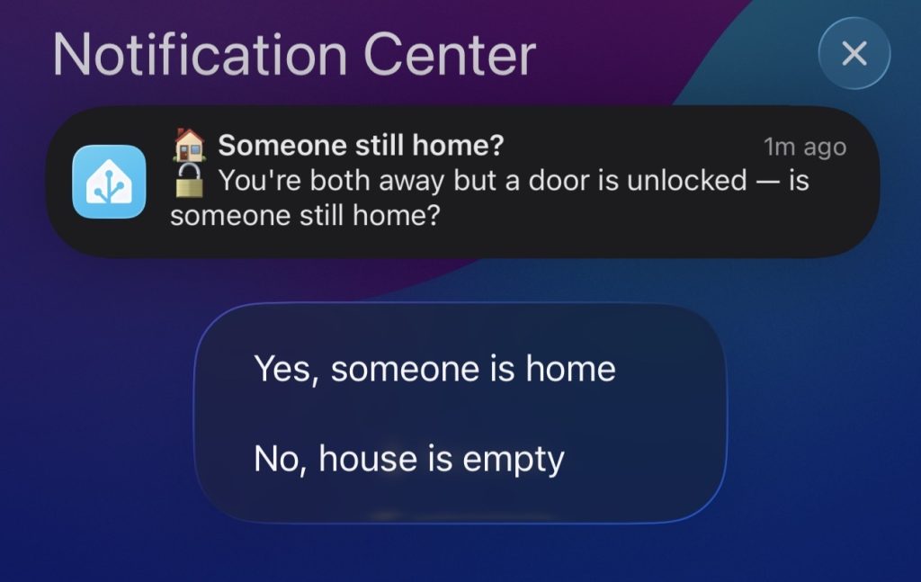 A Home Assistant notification showing we are not home and left a door unlocked