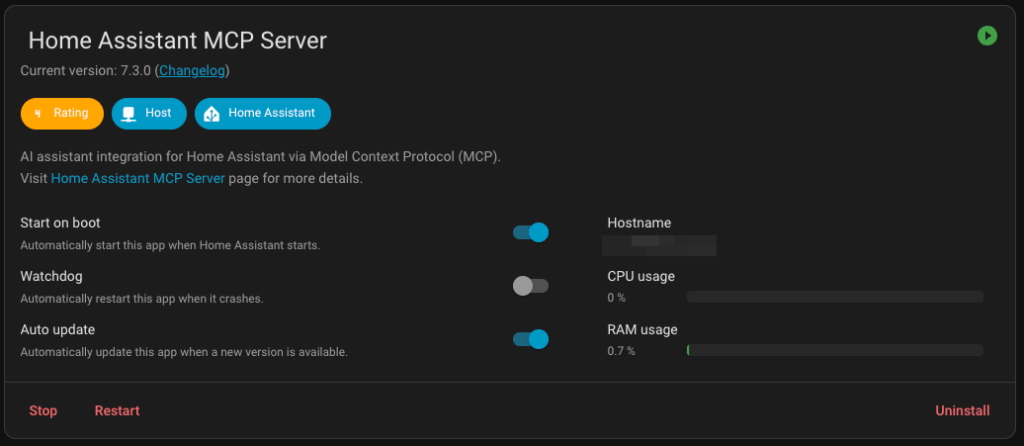 Home Assistant MCP Server add-on configuration page showing connection settings