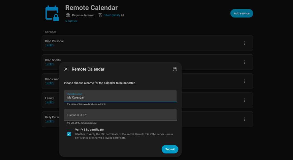 Home Assistant integrations page showing five Remote Calendar entries for Work, Personal, Family, Spouse, and Sports calendars