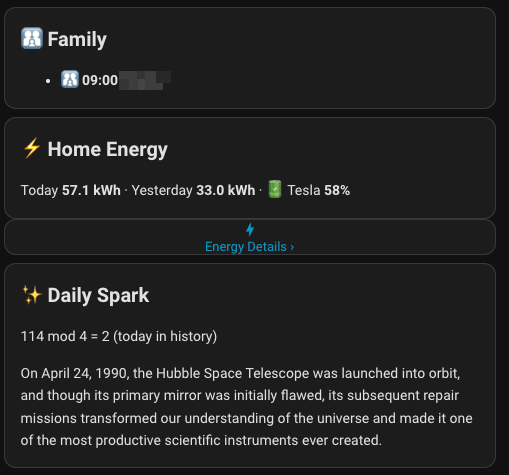 Brads Daily Briefing Messages Dashboard showing Family Calendar, Energy usage, and Daily Spark