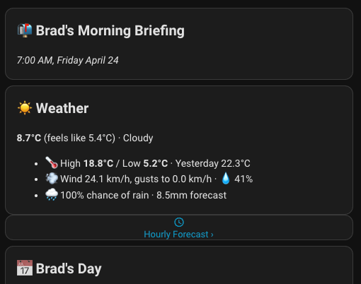 Brads Daily Briefing Messages Dashboard showing time updated and date with Weather and Brads Calendar