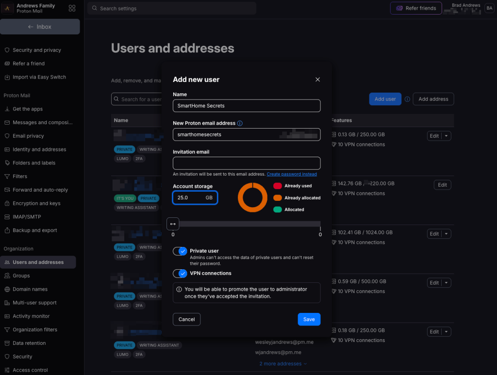 Proton Suite User Management settings for administrators