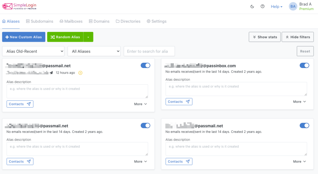 SimpleLogin Dashboard