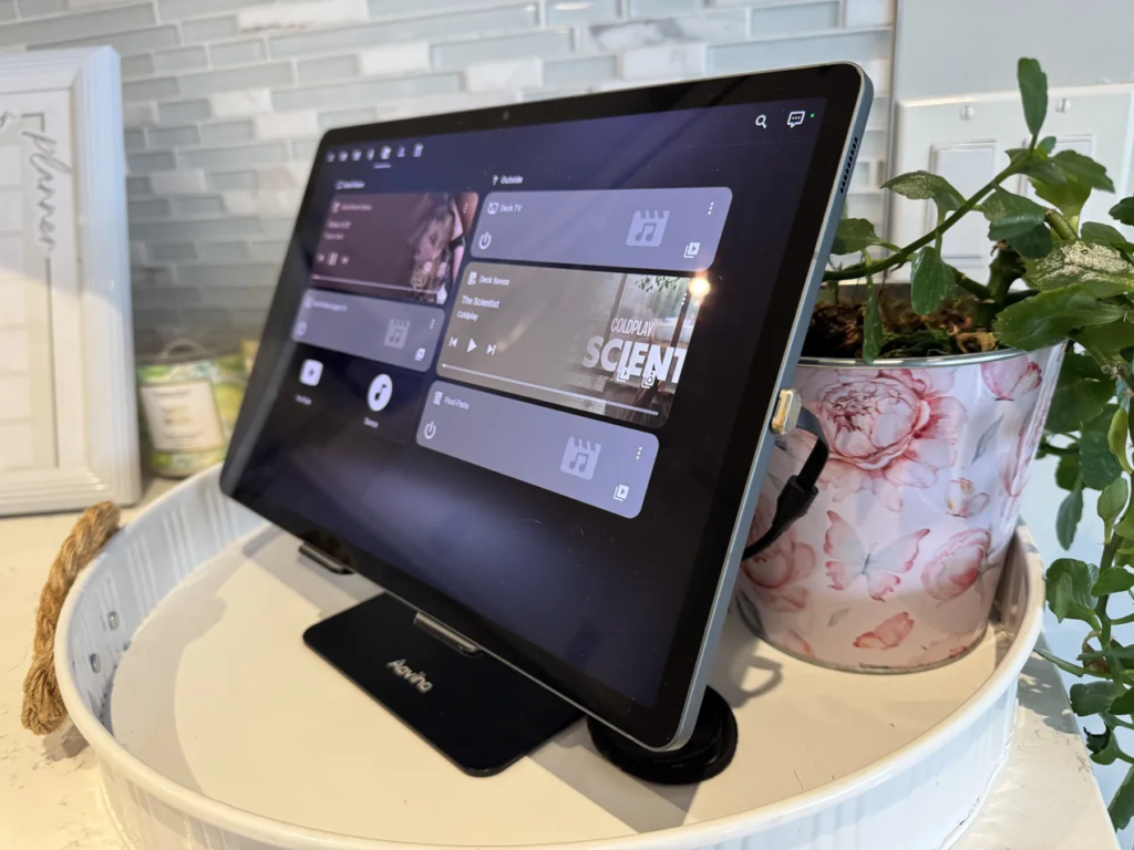 Samsung Tab S9 FE+ running Home Assistant as a dashboard and showcasing the low profile usb charging cable