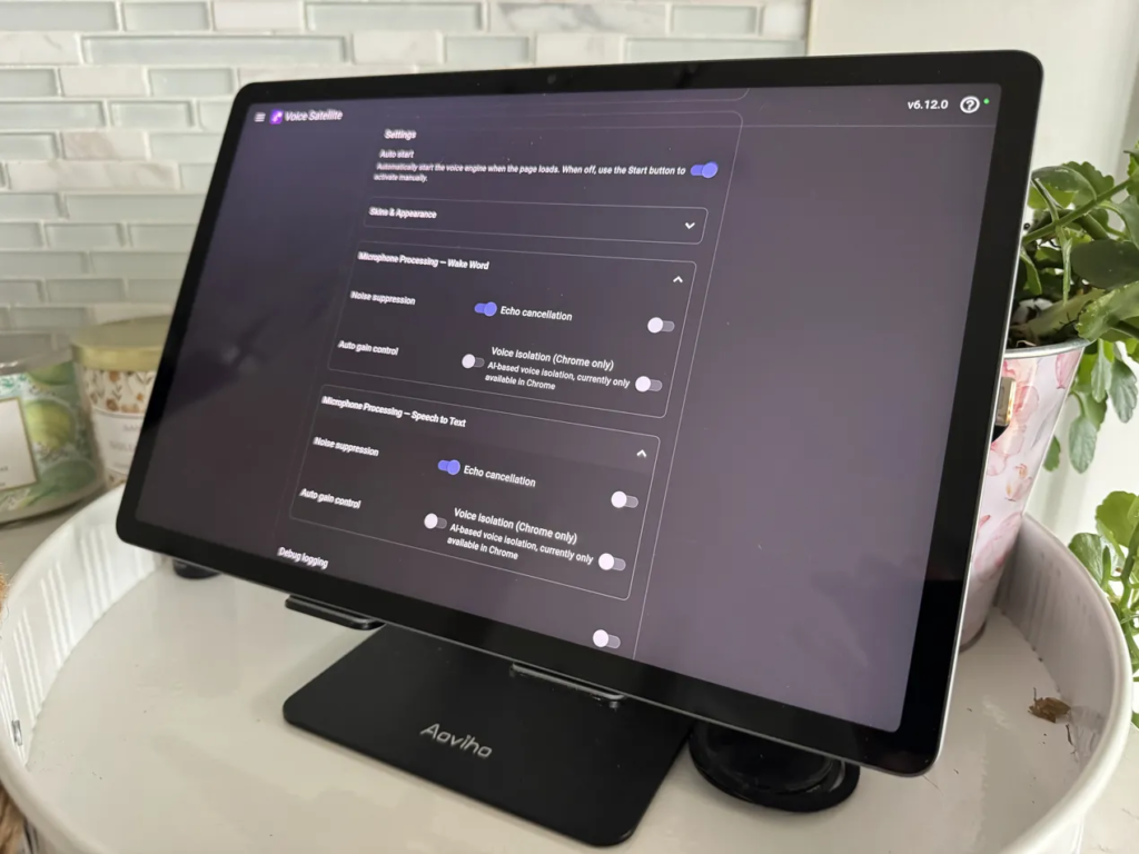Voice Satellite card settings on the Home Assistant dashboard and Samsung Tab S9 FE+