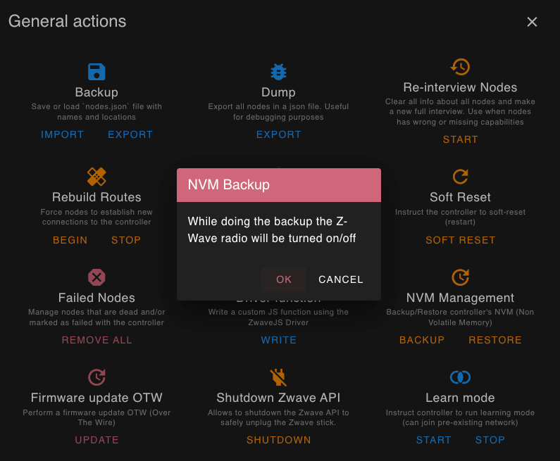 Z-Wave JS UI Advanced Actions screen showing NVM Management backup options