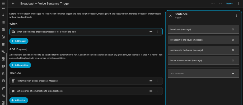 Home Assistant sentence trigger automation for broadcast command