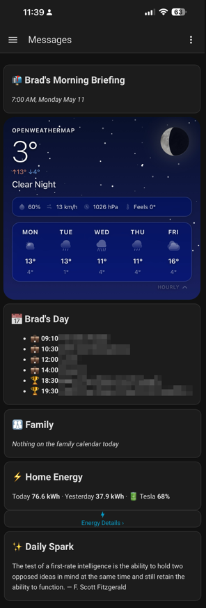 Home Assistant daily messages dashboard showing AI-generated morning briefing per user