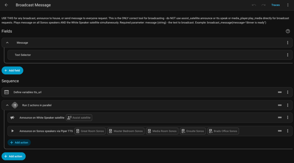 Home Assistant script editor showing the description field used for conversation agent tool selection