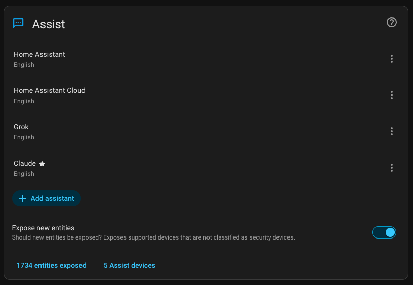Home Assistance Voice Assistants configuration showing the options you can add to voice assist