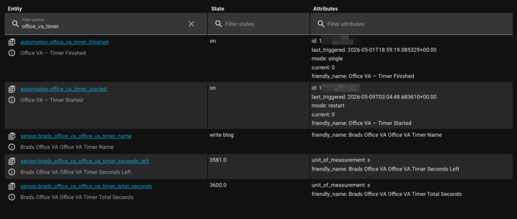 Home Assistant developer tools showing Voice PE timer sensors seconds left and timer name