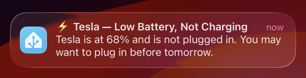 Home Assistant Tesla low battery notification alert on iPhone reminder for you to charge