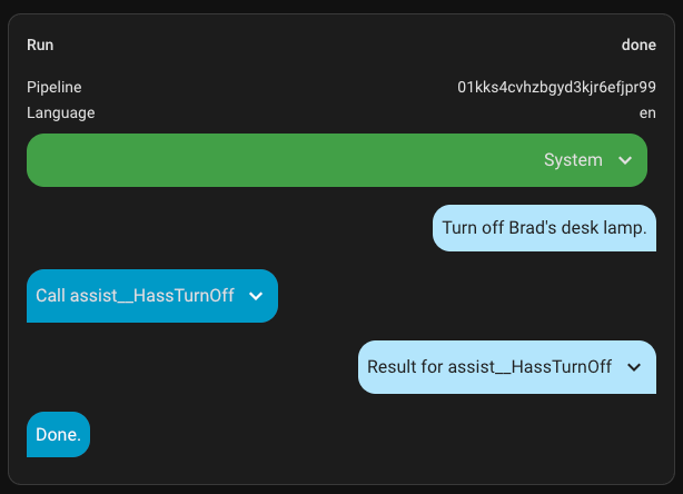 Home Assistant voice assistant debug view showing a request to turn off my desk lamp command intercepted by the conversation agent